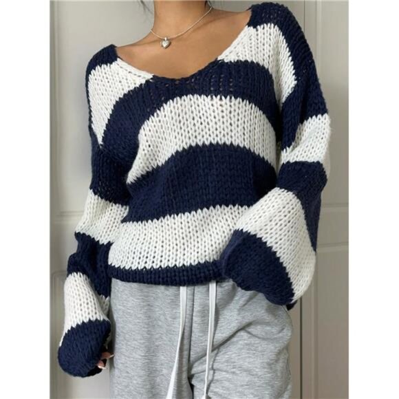 A Classy Chic Boutique Sweaters - EZwear Women's Casual Two-Tone Striped V-Neck Oversized Sweater
